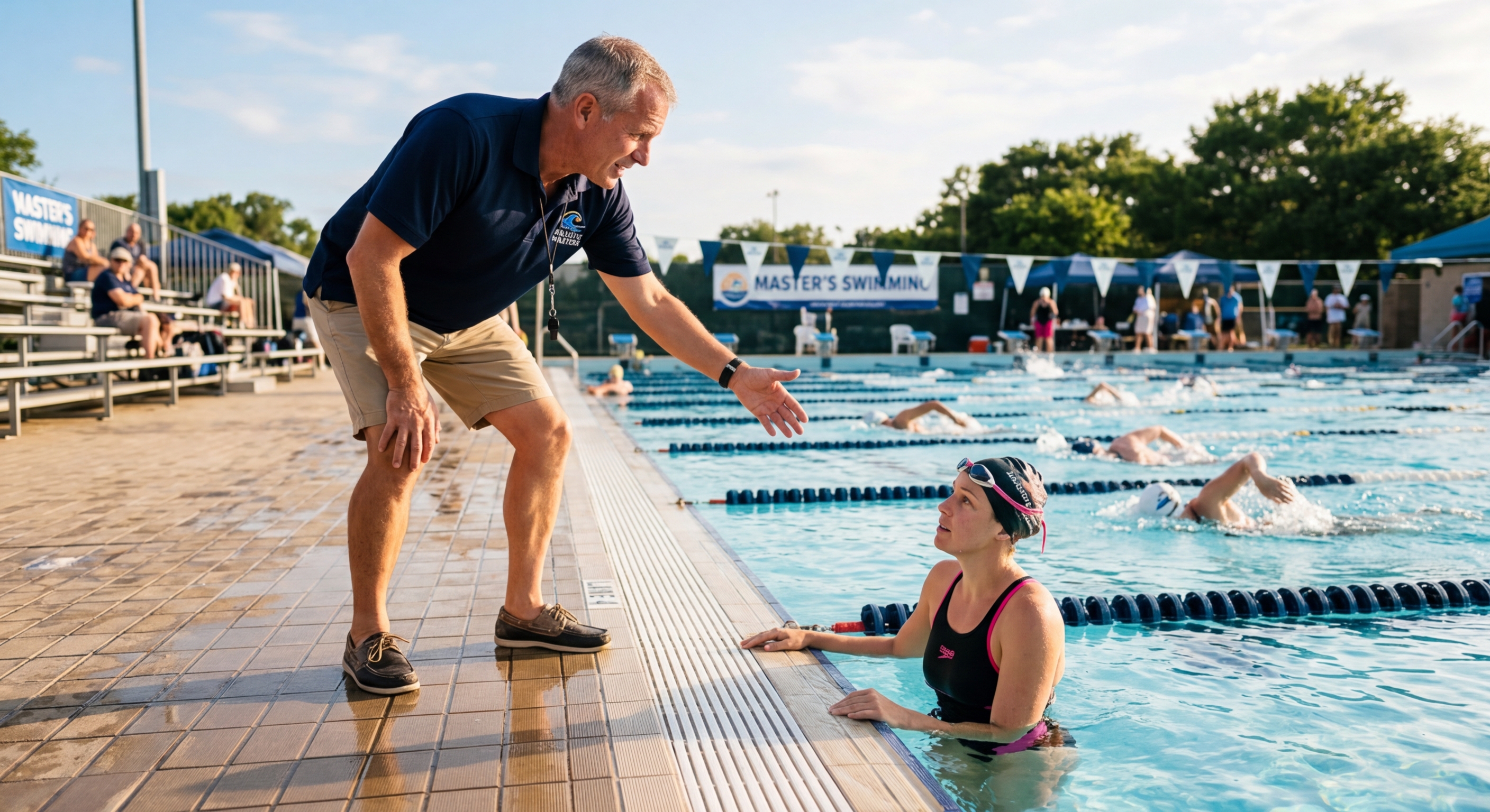 Swim coach working with an adult swimmer on pool deck