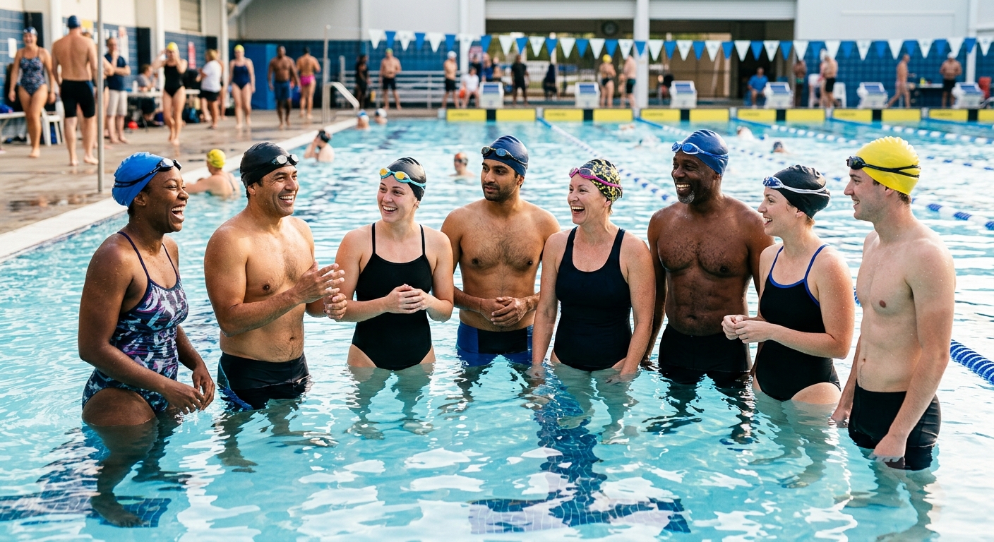 Group of adult swimmers chatting together in pool after practice