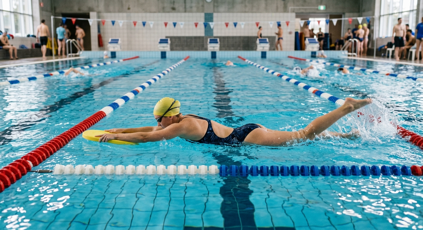 Swimmer performing kickboard drill in pool lane