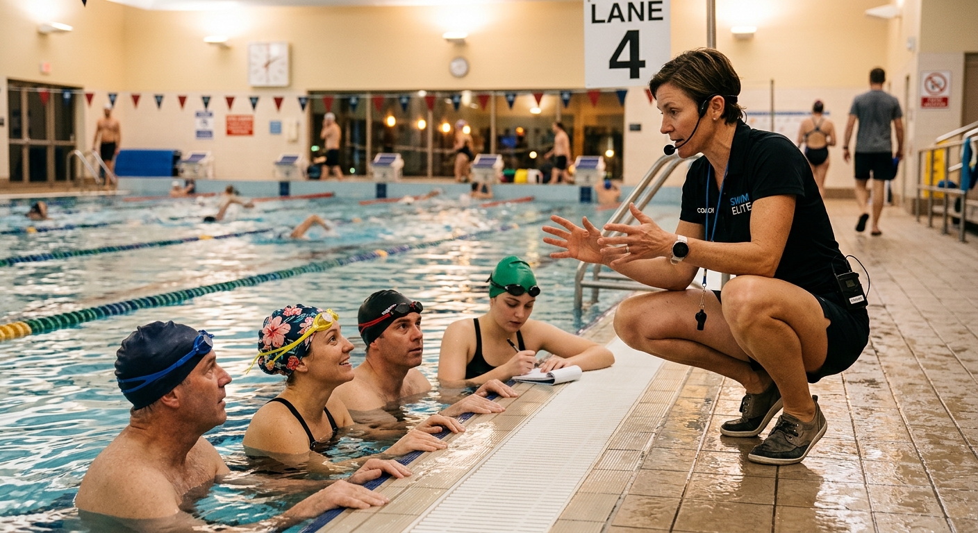 Swim coach leading live Q&A session with adult swimmers at pool wall