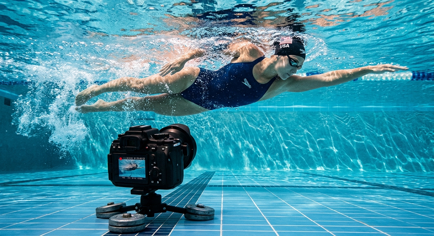 Underwater camera recording freestyle stroke for video analysis