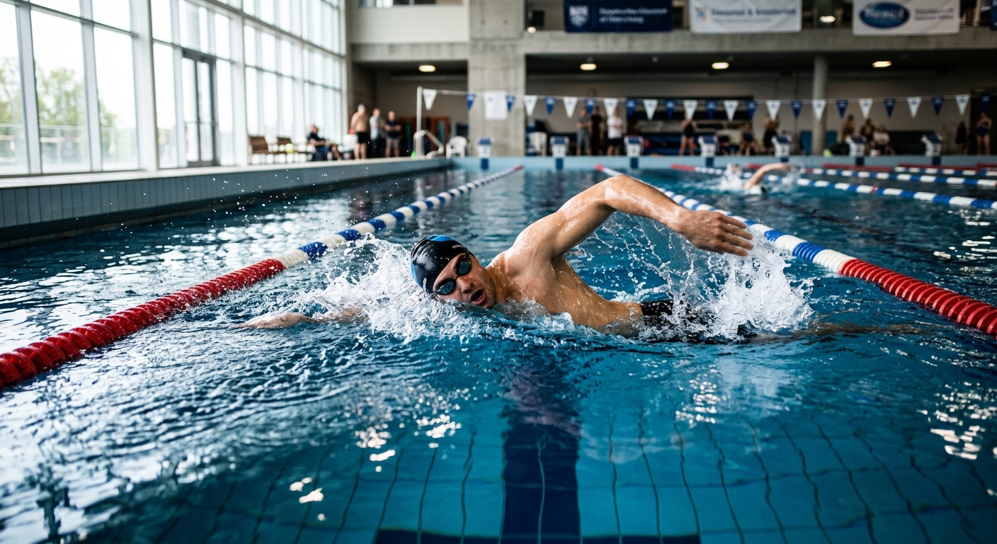 Adult swimmer doing freestyle laps in indoor pool